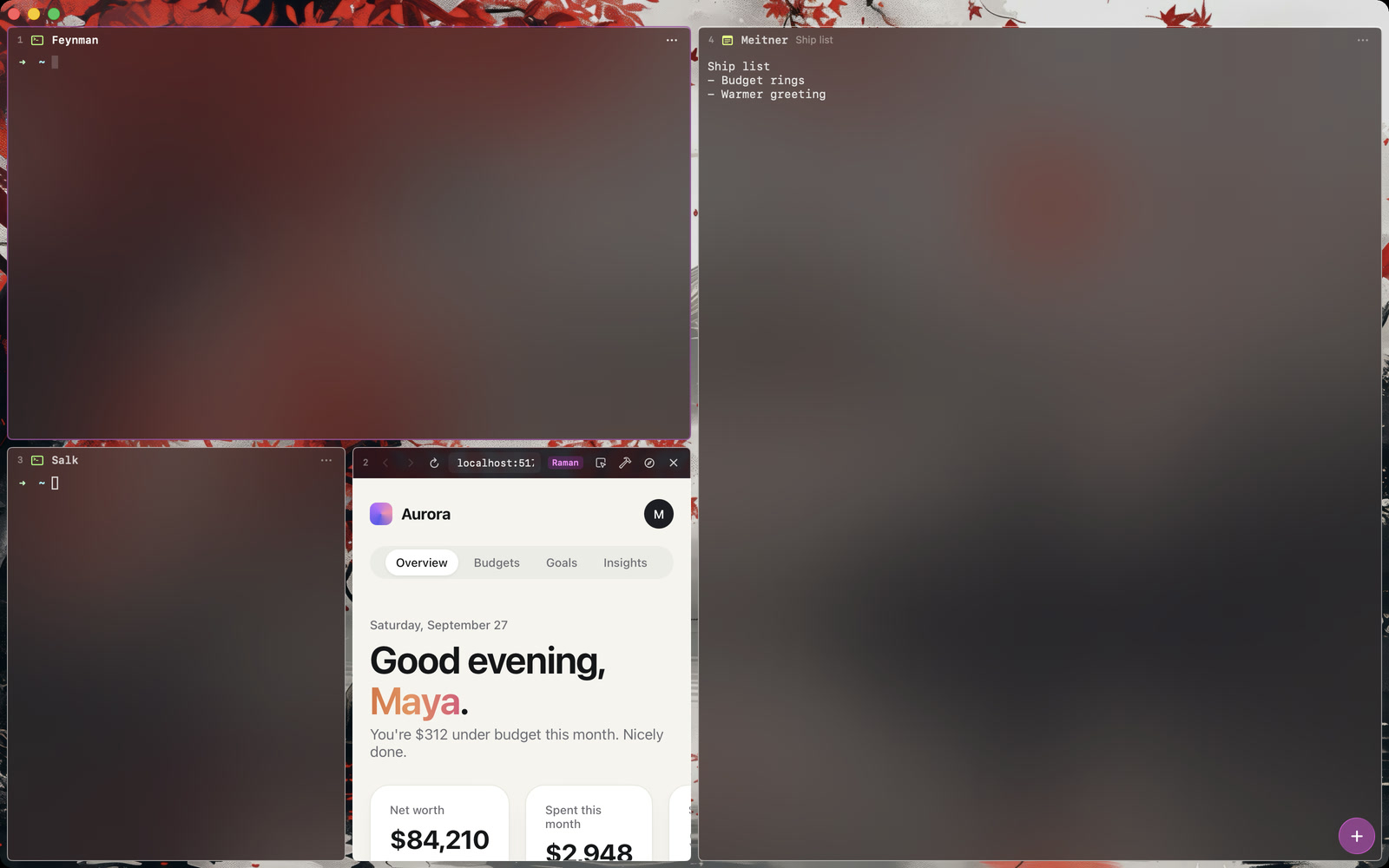 The same layout over a red maple wallpaper